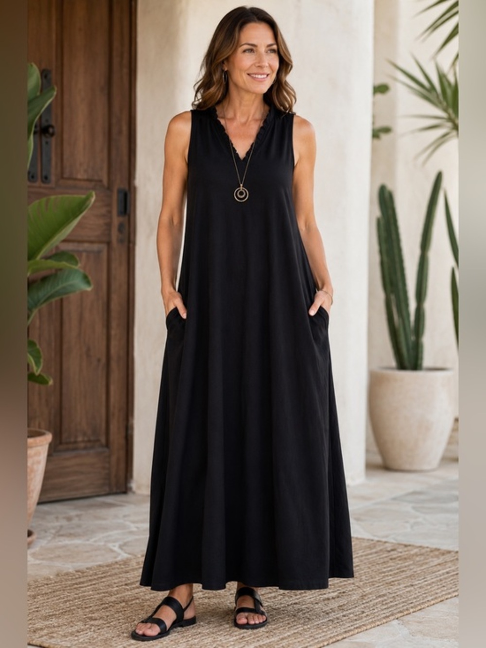 Parsley & Sage Black Maxi Dress Size Large Sleeveless Pockets Boho NWT